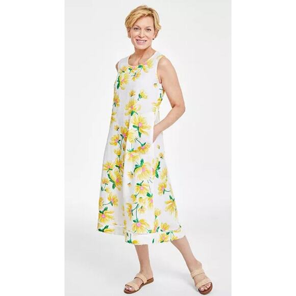 Charter Club NWT 100% linen pockets all over floral sleeveless mdii dress size L - Picture 2 of 8